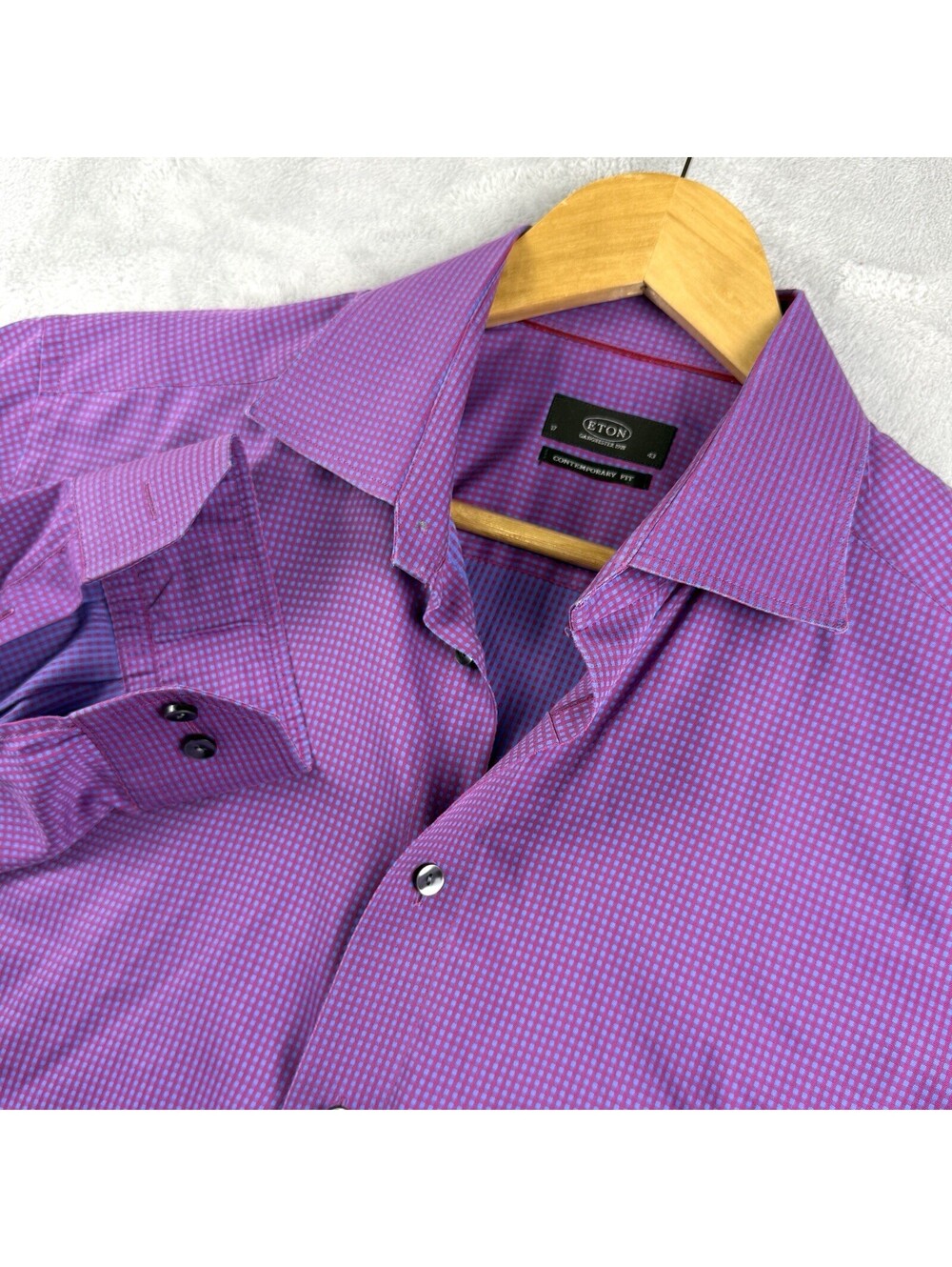 Eton Men Contemporary Fit Dress Shirt 17 43 Purple Blue Micro Check Luxury Prep